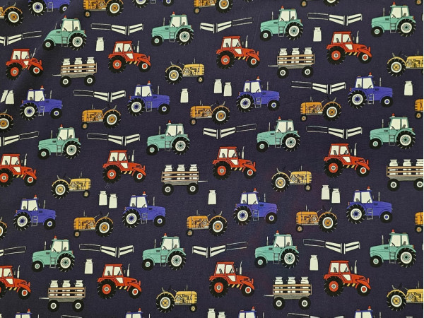 Bombažni jersey - pisani traktorji večji, kmetija na temno vijolični osnovi