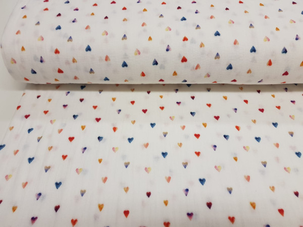 TETRA tkanina, dvoslojna- pisani srčki na off white osnovi