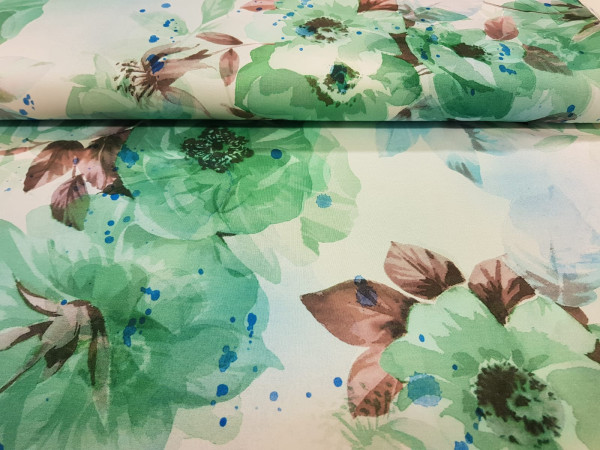 Bombažni jersey- Velike prelivajoče rože, zelankasto turkiz barve