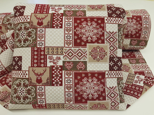 Dekor gobelin -patchwork, srčki jelenčki, rdeča bež kombinacija, širina 280 cm