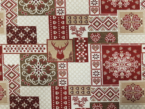 Dekor -patchwork, srčki, jelenčki, rdeča bež kombinacija, širina 140cm, ZADNJI KOS
