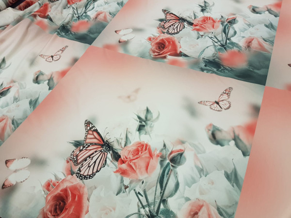 Bombažni jersey,digitalni, abstrakt- romantične vrtnice in metulj