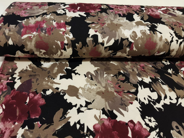 Jersey viskoza- cvetlični vzorec v ciklam, črni, rjavi in smetana barvi