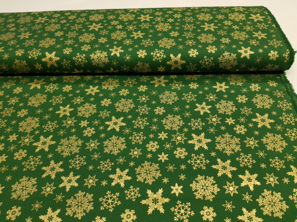 Bombažni popelin-božični motiv, zlate snežinke in zvezde, živahnejša zelena osnova