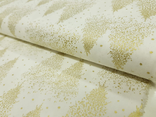 Bombažni popelin-božični motiv, zlate večje smreke, off white osnova