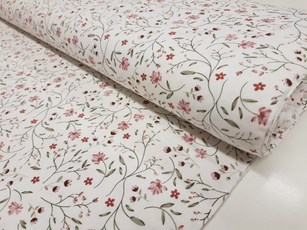 Bombažni jersey,digitalni- nežne rožice na vejicah na off white osnovi, ZADNJI KOS