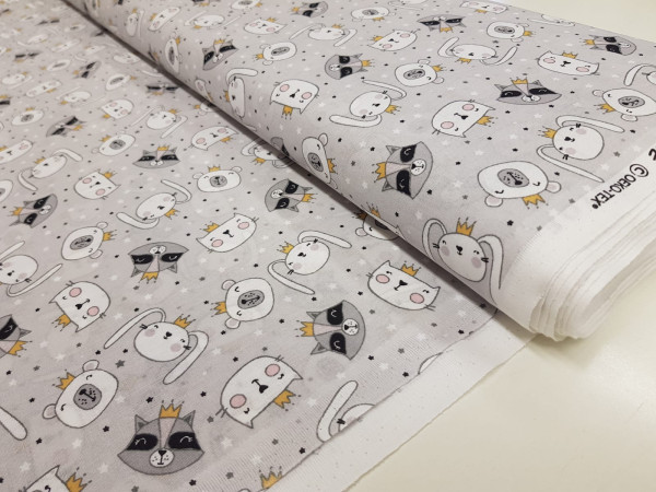 Bombaž, poplin- živalice s kronami in zvezdice, svetlo siva osnova, ZADNJI KOS