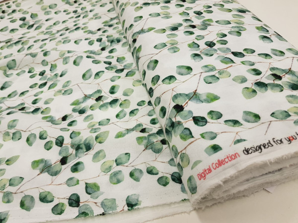 TETRA tkanina, dvoslojna- zeleni listi na vejah, off white osnovi