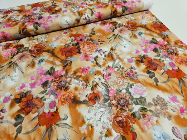 Težji, kompaktni jersey- šopki rož na temno marelični osnovi, ZADNJI KOS