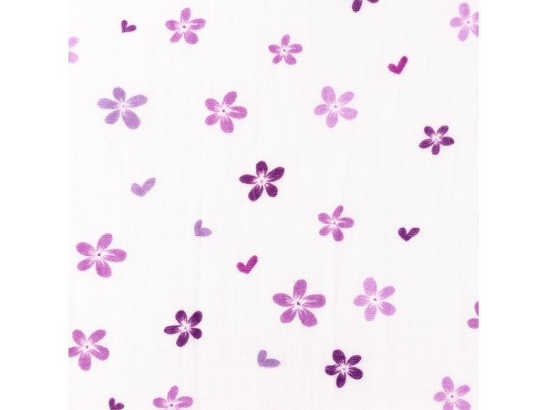 TETRA tkanina, dvoslojna, manj krepasta varianta- vijolične cvetlice in srčki off white osnovi
