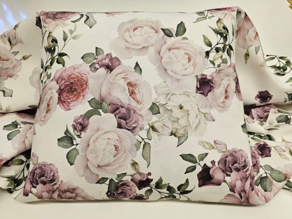 Bombažno platno, Panama oxford- večje vrtnice na svetli off white osnovi, 280 cm širine