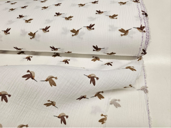 TETRA tkanina, dvoslojna- rjave ptice, ptički, off white osnova