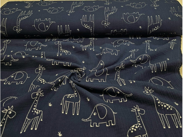 TETRA tkanina, dvoslojna- večji slončki in žirafe na temno modri osnovi