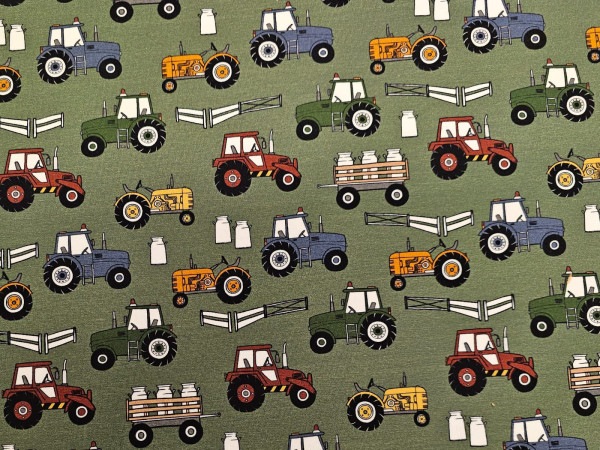 Bombažni jersey - pisani traktorji večji, kmetija na olivno zeleni barvi