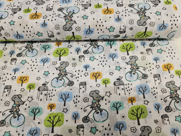 Bombažno platno, poplin- prikupne miške na kolesu v gozdu, bela osnova, ZADNJI KOS