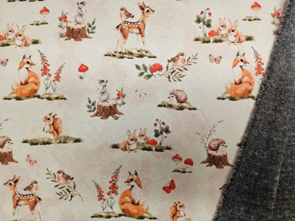 Sweater, warmkeeper, alpenfleece, kosmaten-gozdne živali na svetlo bež osnovi