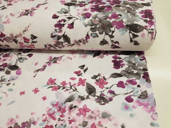 Bombažna flanela - cvetoče rožnato cvetje na beli osnovi