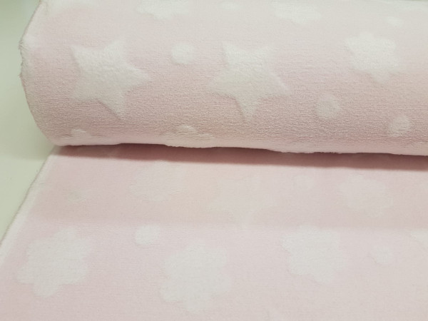 termovelur, struktura- zvezdice, pike in rožice na baby roza osnovi
