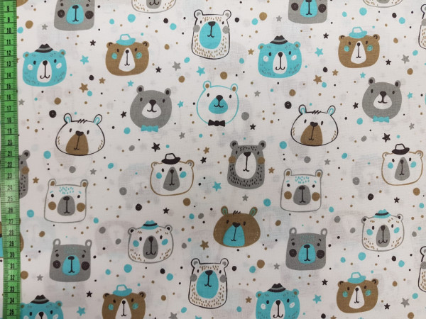 Bombažno platno- prikupni medvedki in pikice na beli osnovi