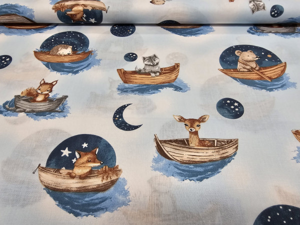 Bombažno platno- živalice v čolničku na modri osnovi