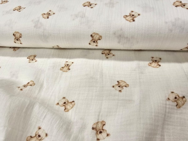 TETRA tkanina, dvoslojna- svetlo rjavi medvedki na off white beli osnovi