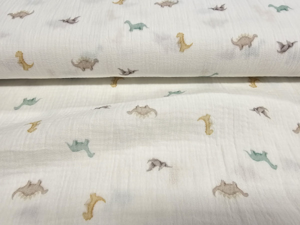 TETRA tkanina, dvoslojna- dinozavri na off white beli osnovi
