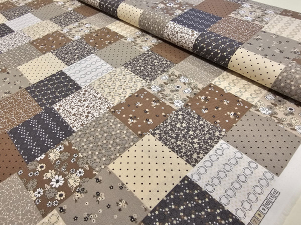 Bombažno platno, poplin- vzorec patchwork v rjavih odtenkih