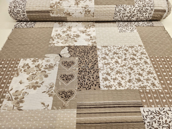 Bombažno platno, poplin, MEČKANKA- vzorec patchwork v rjavih odtenkih