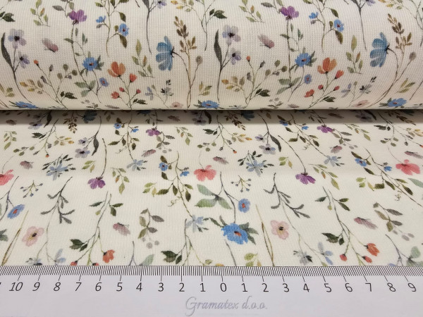 Rebrast bombažni jersey, pletenina, RIB JERSEY- modro, vijola, roza rožice na off white osnovi