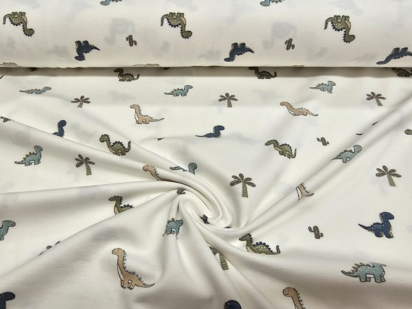 Bombažni jersey- dinozavri in palme na off white osnovi