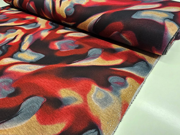 Mešanica viskoza poliester - abstraktni vzorec rdeča, črna in bež