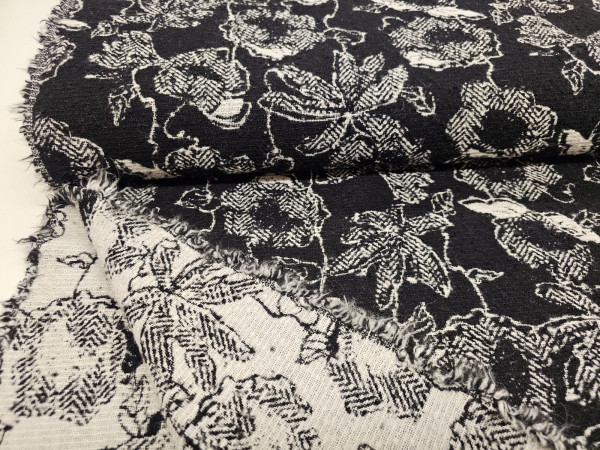 Žakard tkanina, obojestranska, mešanica volne- črno bele rože