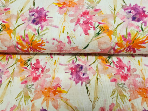 TETRA tkanina, dvoslojna- večje rože, akvarel na beli osnovi