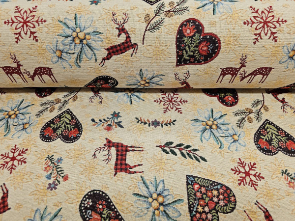 Dekor gobelin - srca, jelenčki, planike na svetlo bež osnovi...... v 280 CM ŠIRINE