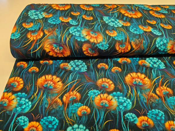 Jersey viskoza- rože v oranžni in turkizni barvi