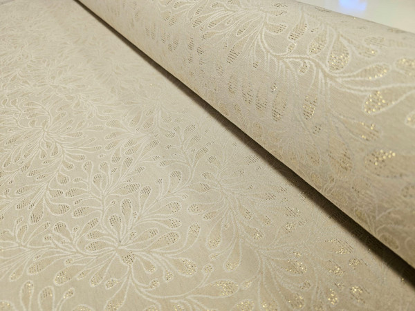 Dekor, žakardni vzorec- svetla osnova, zlata lurex nitka, širina 320cm