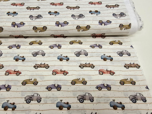 Bombažno platno, poplin- pisani avtomobilčki na črtah