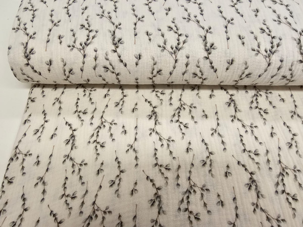 TETRA tkanina, dvoslojna- drobne vejice z listki, nežna krem osnova