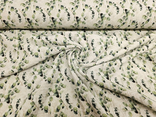 TETRA tkanina, dvoslojna- zeleni listi na vejicah, svetlo bež osnova