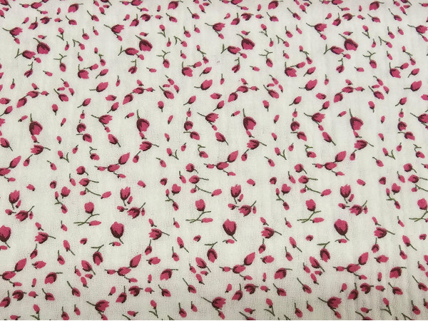 TETRA tkanina, dvoslojna- drobne fuksija rožice na beli osnovi