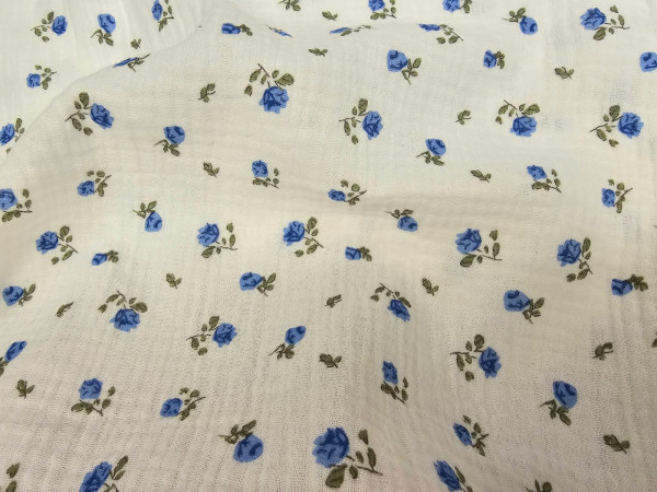 TETRA tkanina, dvoslojna- drobne pariško modre rožice na beli osnovi, ZADNJI KOS