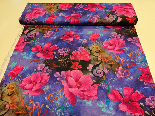 Težji, kompaktni jersey- velike cvetoče rože, vijolična osnova