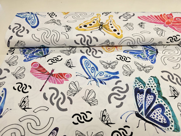 Jersey viskoza, tanjši- kačji pastirji in metulji na beli osnovi