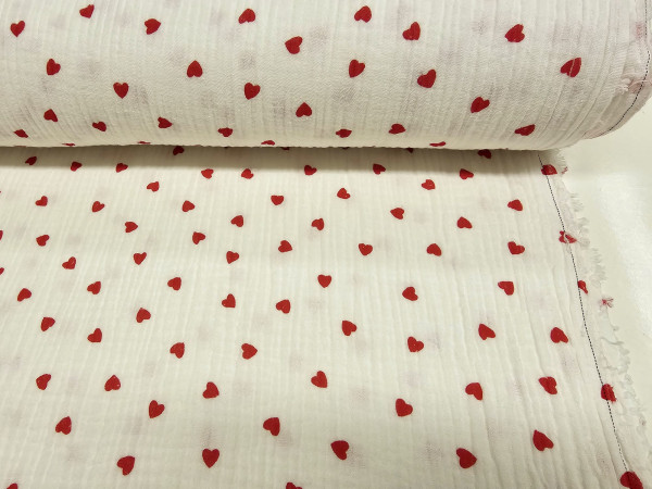TETRA tkanina, dvoslojna- rdeči srčki na off white osnovi