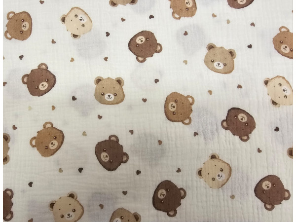 TETRA tkanina, dvoslojna- medvedki in srčki na off white osnovi