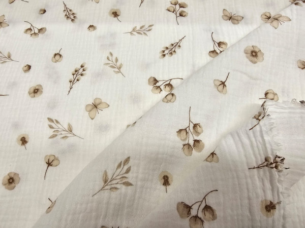 TETRA tkanina, dvoslojna-rožice in metulji na off white osnovi