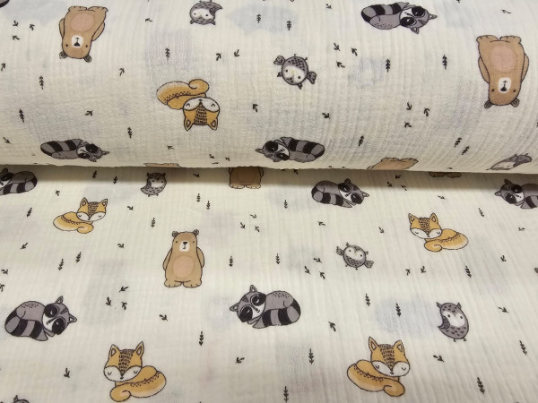 TETRA tkanina, dvoslojna- gozdne živali in rakuni na off white osnovi