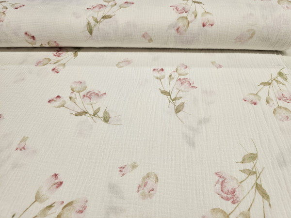 TETRA , GAZA ,tkanina, dvoslojna- TULIPANI  na off white osnovi