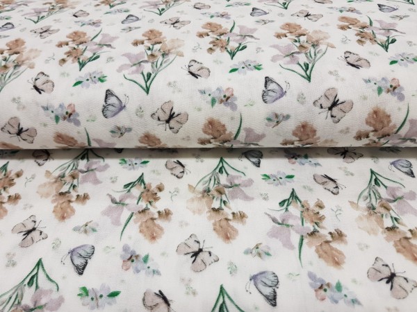 TETRA tkanina, dvoslojna- metuljčki in cvetlice na off white osnovi