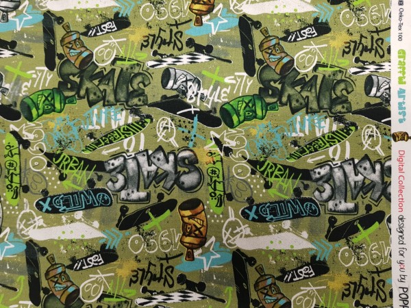 Bombažni jersey-grafiti na vojaško zeleni osnovi
